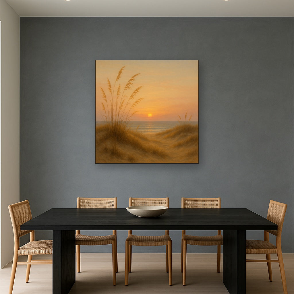 Sea Oats on Rolling Coastal Dunes at Sunset No. 4 Oil Painting Staged Above Dining Room Credenza, Elegant Hand Painted Oil Art for Dining Room Walls