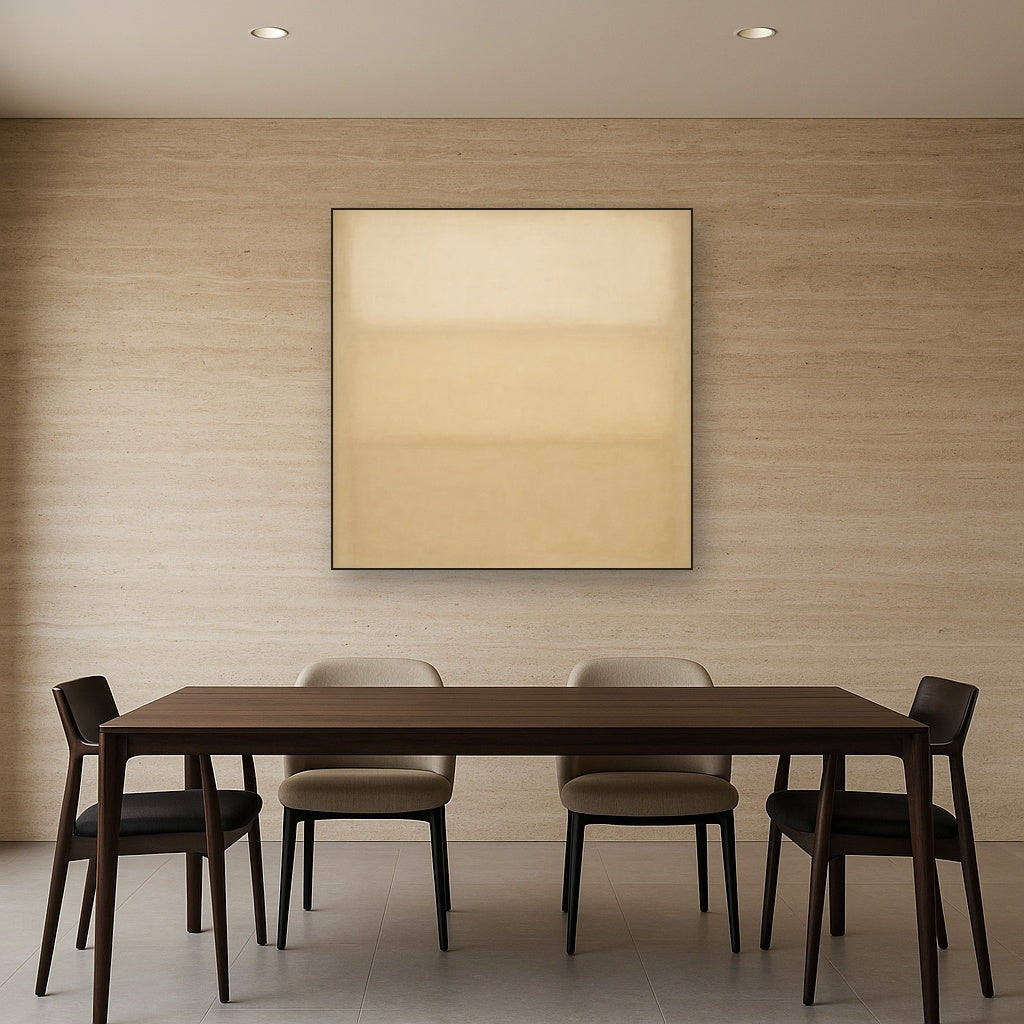 Oatmeal White & Pale Alabaster Monochrome Study No. 10 Oil Painting Staged Above Dining Room Credenza, Elegant Hand Painted Oil Art for Dining Room Walls