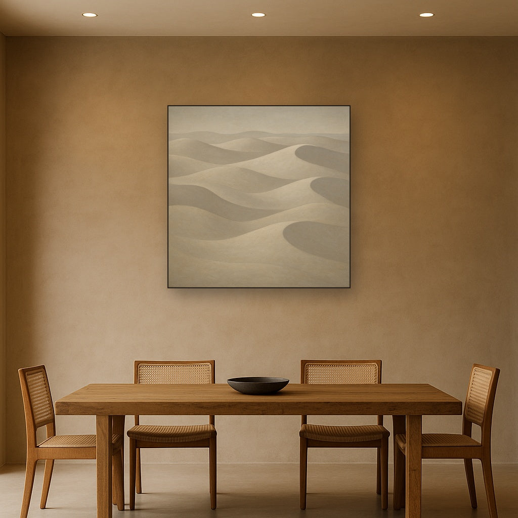 Monochrome Sand Dune Contours & Pale Slate No. 9 Oil Painting Staged Above Dining Room Credenza, Elegant Hand Painted Oil Art for Dining Room Walls