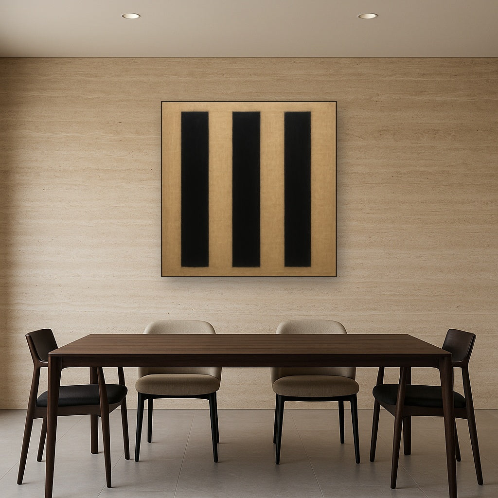 Minimalist Black Stripe & Raw Linen Rhythm No. 7 Fine Art Oil Painting - View 4