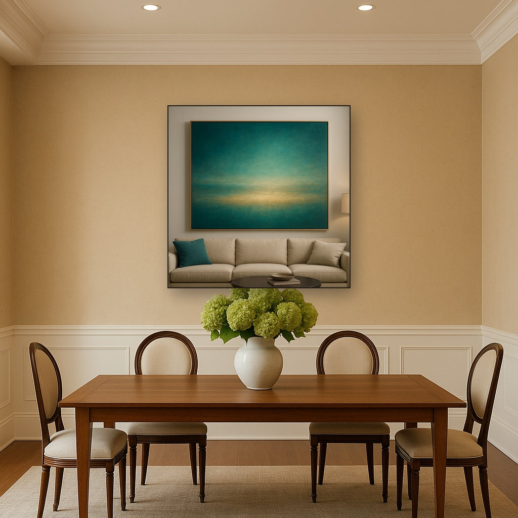 Peacock Teal & Champagne Gold Horizon No. 20 Oil Painting Staged Above Dining Room Credenza, Elegant Hand Painted Oil Art for Dining Room Walls