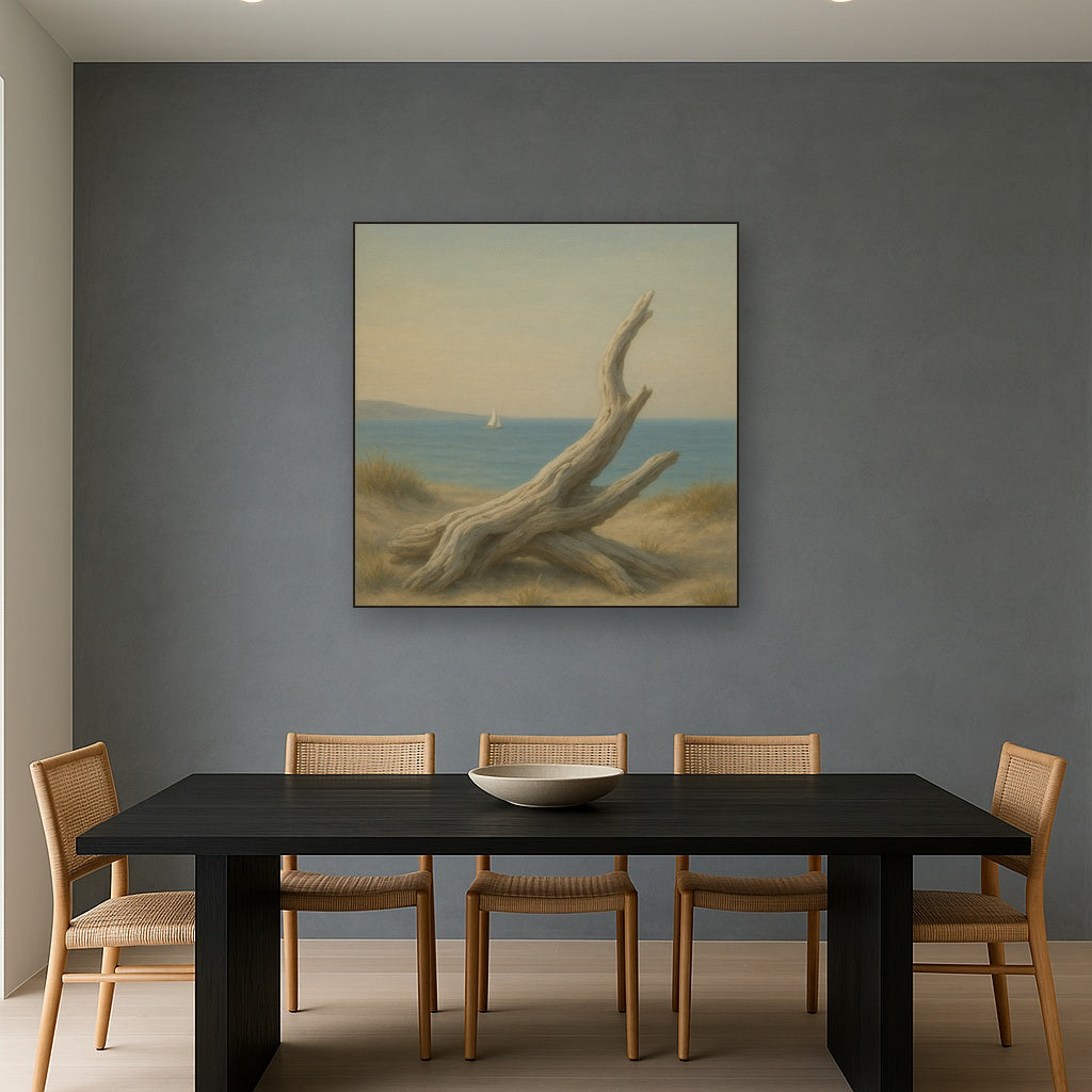 Sun-Bleached Driftwood & Distant Sailboat No. 4 Oil Painting Staged Above Dining Room Credenza, Elegant Hand Painted Oil Art for Dining Room Walls