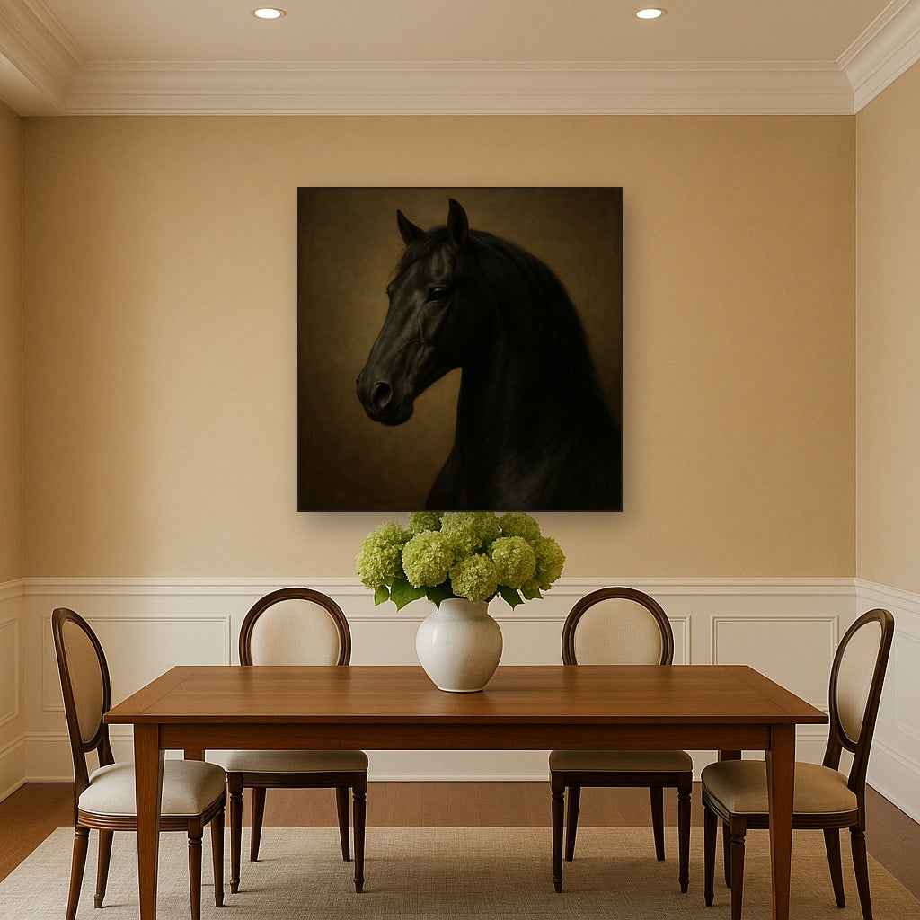 Dark Stallion Portrait in Classical Sfumato Oil Painting Staged Above Dining Room Credenza, Elegant Hand Painted Oil Art for Dining Room Walls