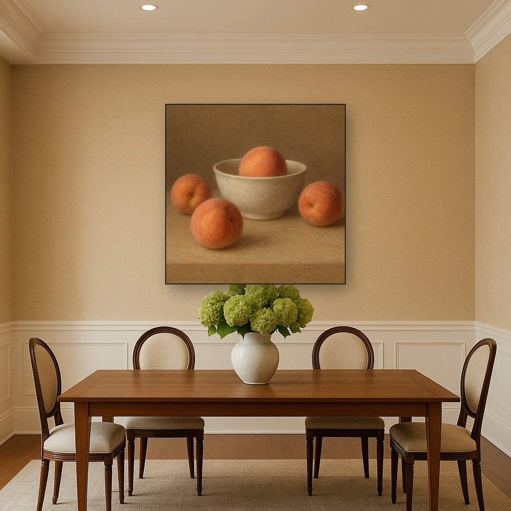 Heirloom Peaches & White Ceramic Bowl No. 8 Oil Painting Staged Above Dining Room Credenza, Elegant Hand Painted Oil Art for Dining Room Walls