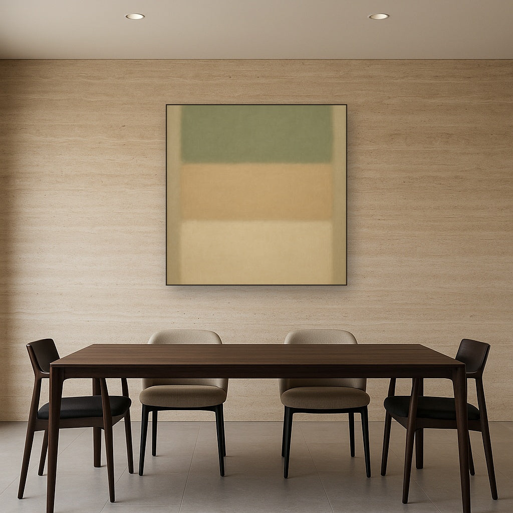 Sage Olive & Pale Sandstone Minimalist Harmony No. 21 Oil Painting Staged Above Dining Room Credenza, Elegant Hand Painted Oil Art for Dining Room Walls