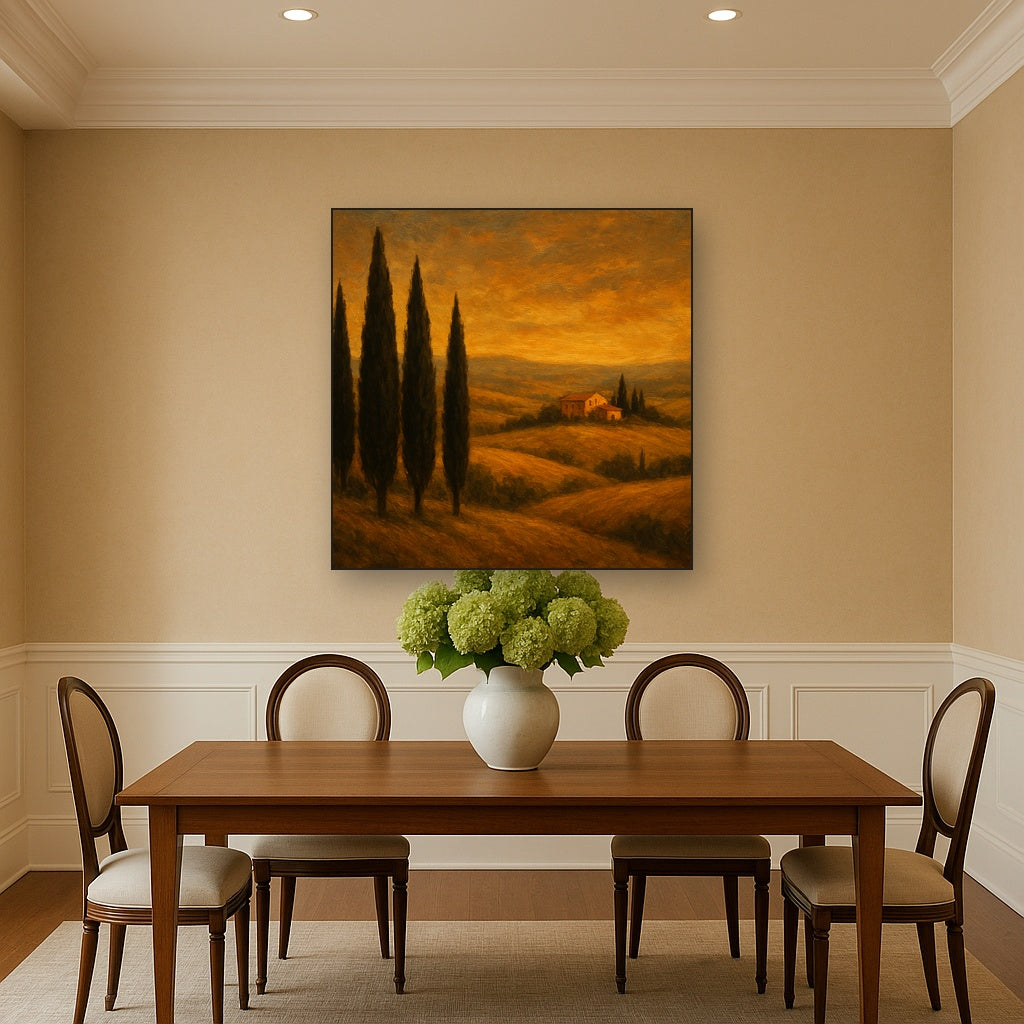 Tuscan Hillside Cypress Landscape Oil Painting - Styled in Elegant Dining Room