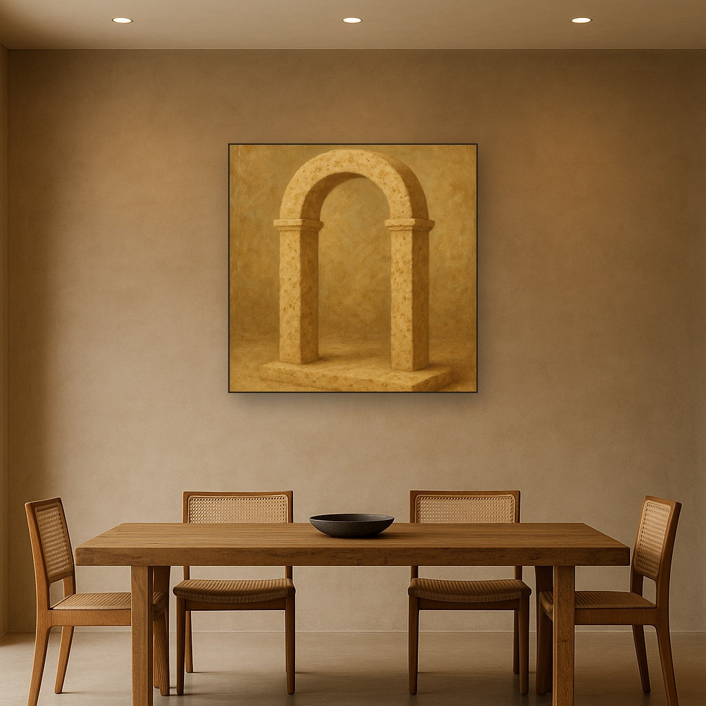 Travertine Stone Arch & Earth Tones No. 2 Oil Painting Staged Above Dining Room Credenza, Elegant Hand Painted Oil Art for Dining Room Walls