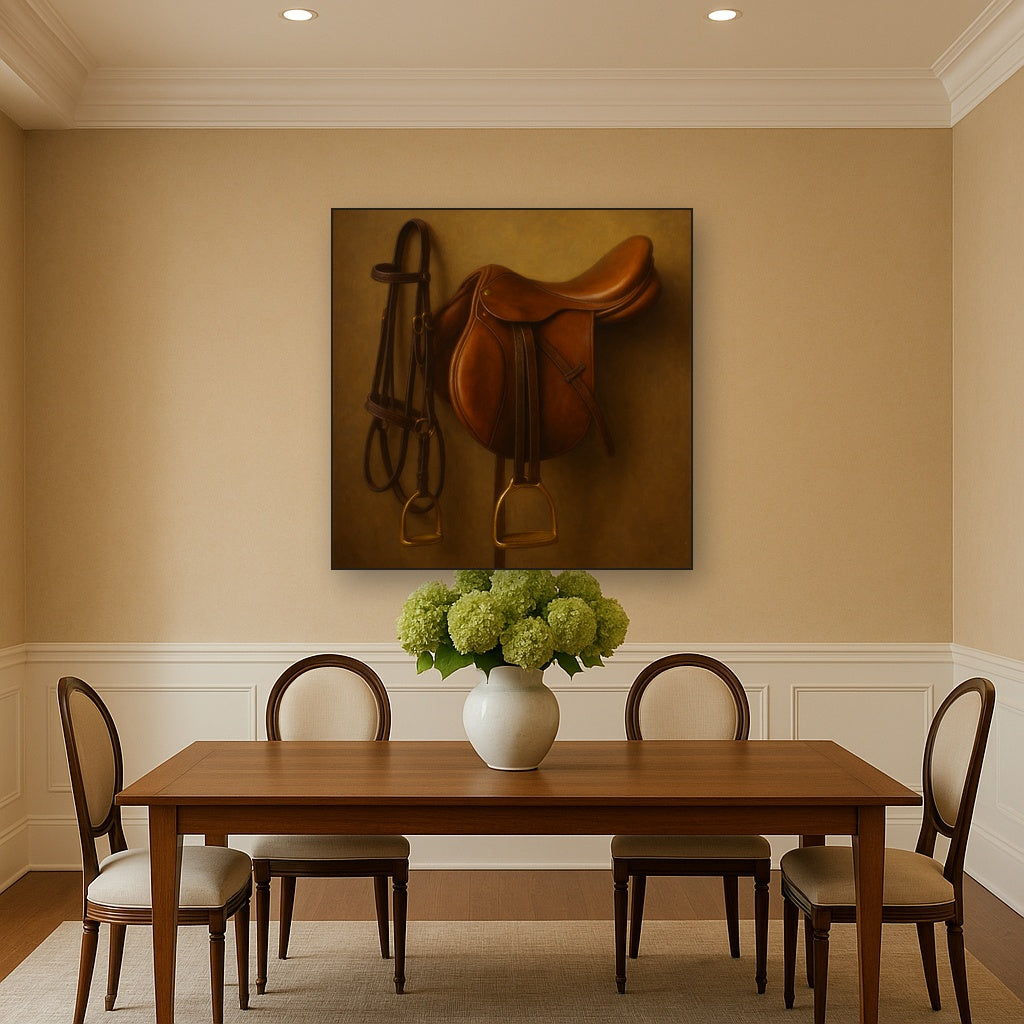 Vintage Bridle & Polished Leather Saddle No. 5 Oil Painting Staged Above Dining Room Credenza, Elegant Hand Painted Oil Art for Dining Room Walls