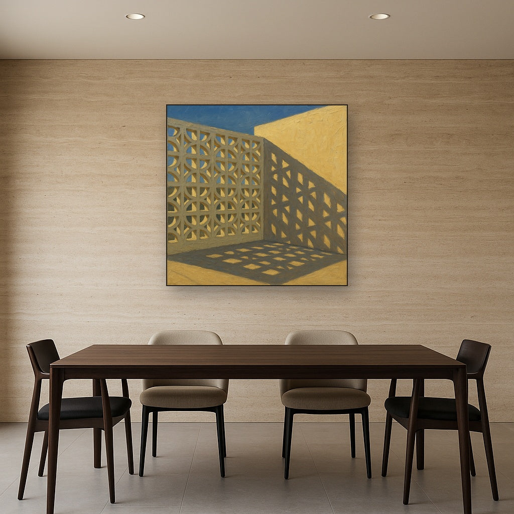 Desert Modern Breeze Block Shadow No. 3 Oil Painting - Styled in Elegant Dining Room