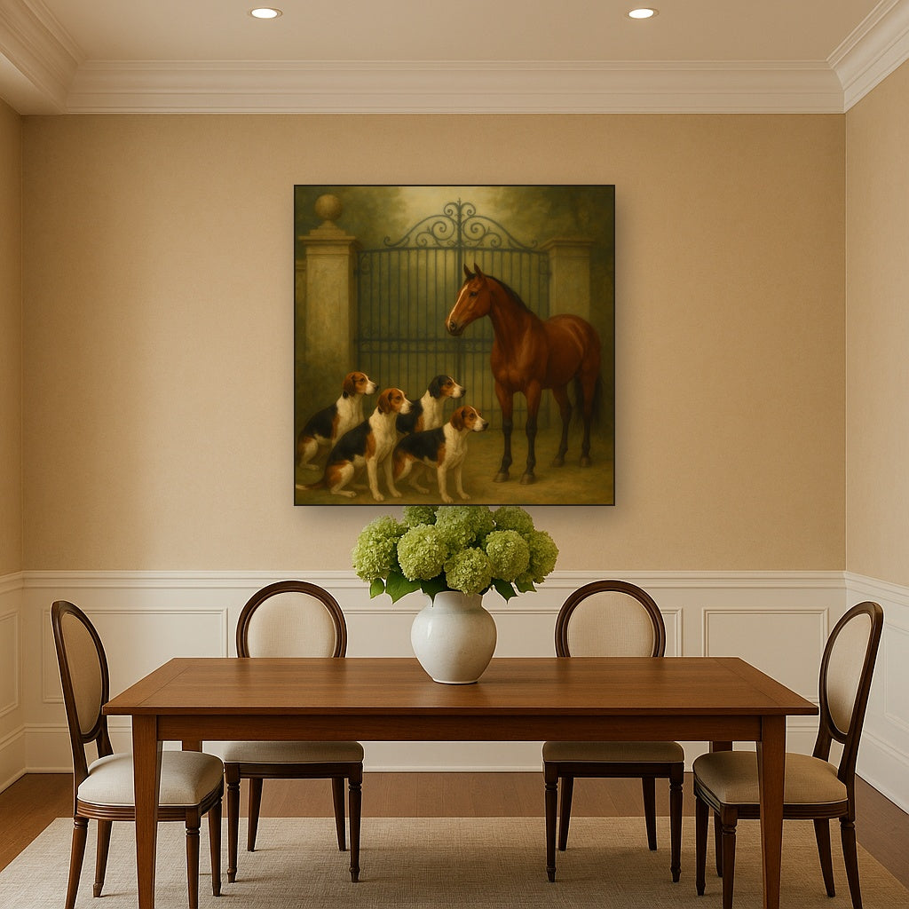 Hunting Hounds & Thoroughbred by Estate Gate No. 11 Oil Painting Staged Above Dining Room Credenza, Elegant Hand Painted Oil Art for Dining Room Walls