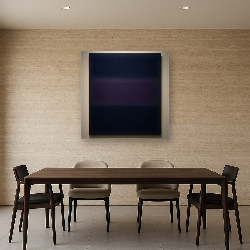 Deep Indigo & Midnight Plum Ambient Field No. 7 Oil Painting Staged Above Dining Room Credenza, Elegant Hand Painted Oil Art for Dining Room Walls