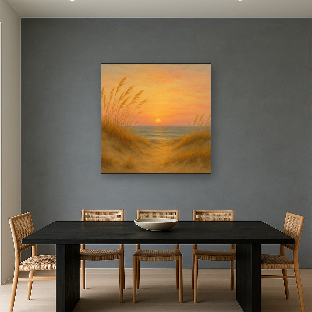 Sea Oats on Rolling Coastal Dunes at Sunset No. 3 Oil Painting Staged Above Dining Room Credenza, Elegant Hand Painted Oil Art for Dining Room Walls
