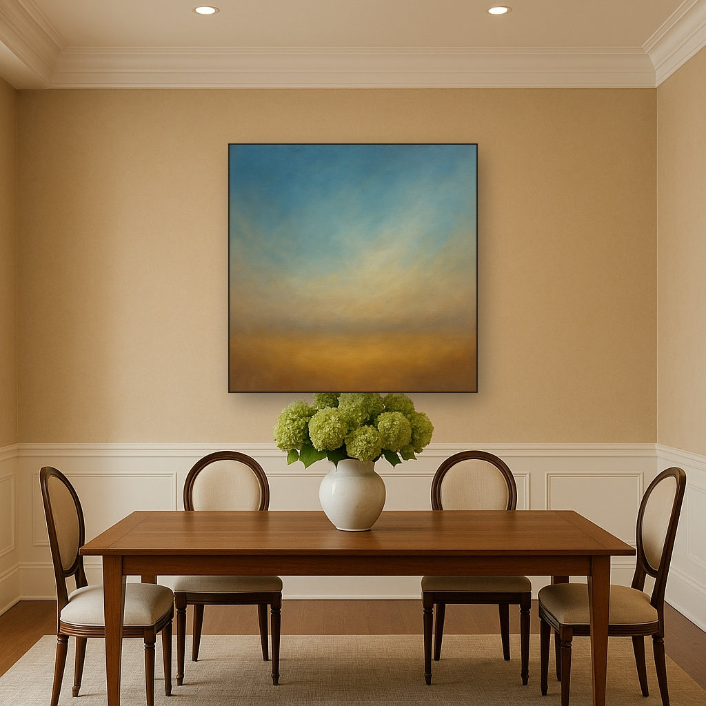 Celestial Azure & Warm Ochre Equilibrium No. 5 Oil Painting Staged Above Dining Room Credenza, Elegant Hand Painted Oil Art for Dining Room Walls