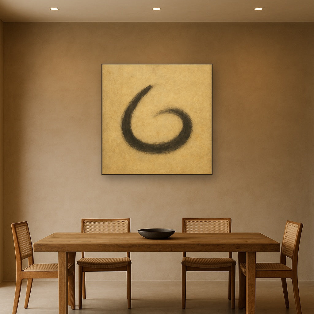 Aged Rice Paper & Charcoal Calligraphic Balance No. 6 Oil Painting Staged Above Dining Room Credenza, Elegant Hand Painted Oil Art for Dining Room Walls