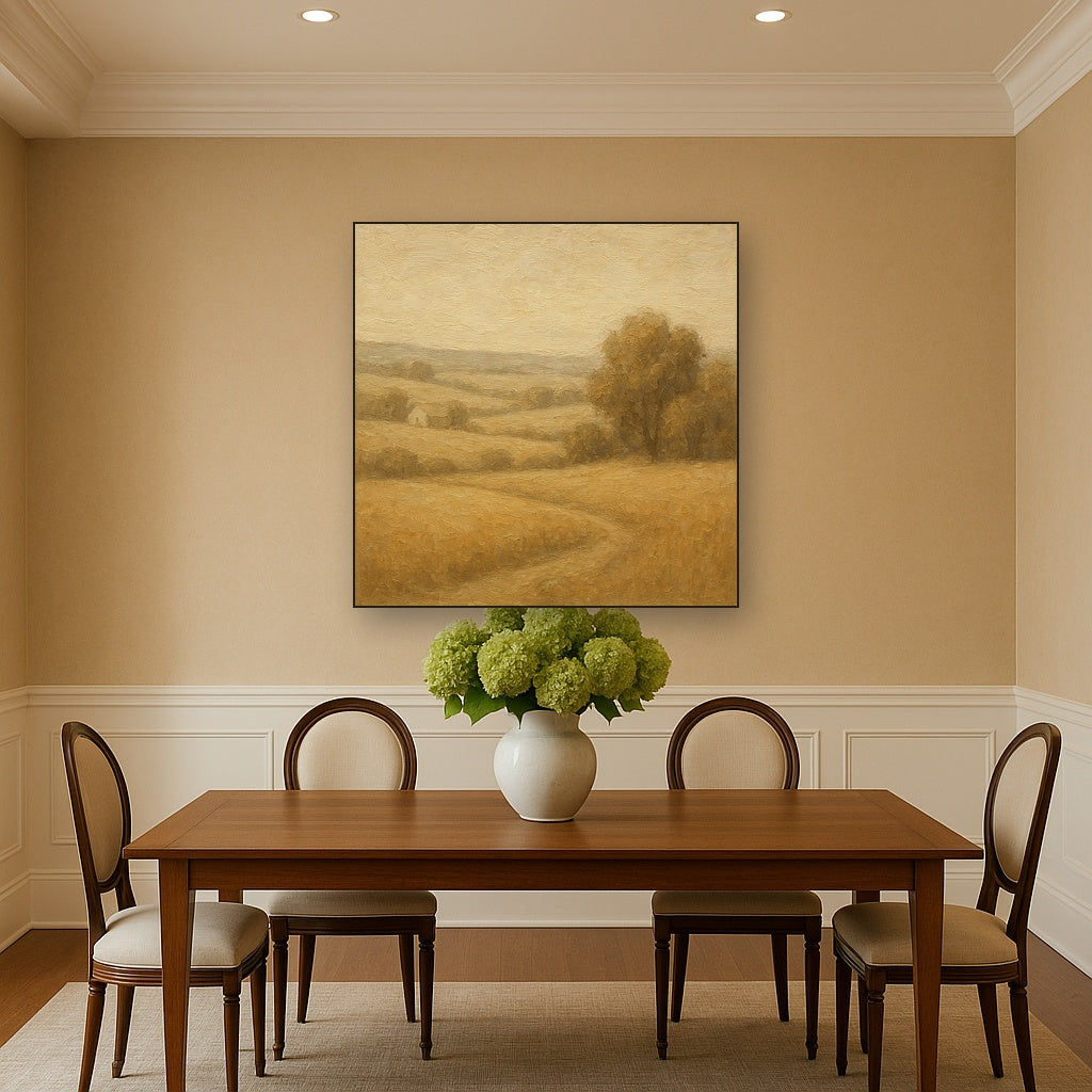 Earthy Linen Plaster Countryside Calm No. 2 Oil Painting - Styled in Elegant Dining Room