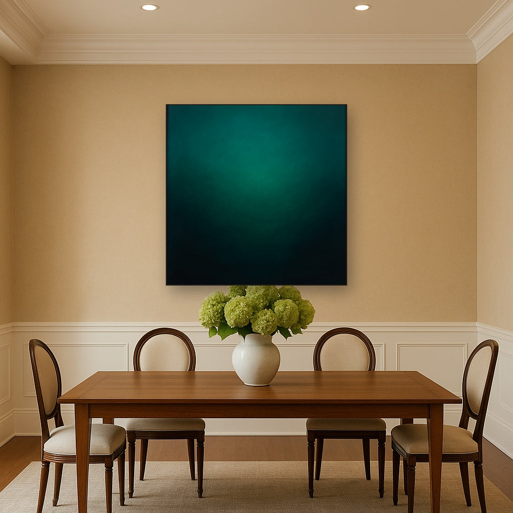 Midnight Teal & Deep Malachite Gradient No. 14 Oil Painting Staged Above Dining Room Credenza, Elegant Hand Painted Oil Art for Dining Room Walls