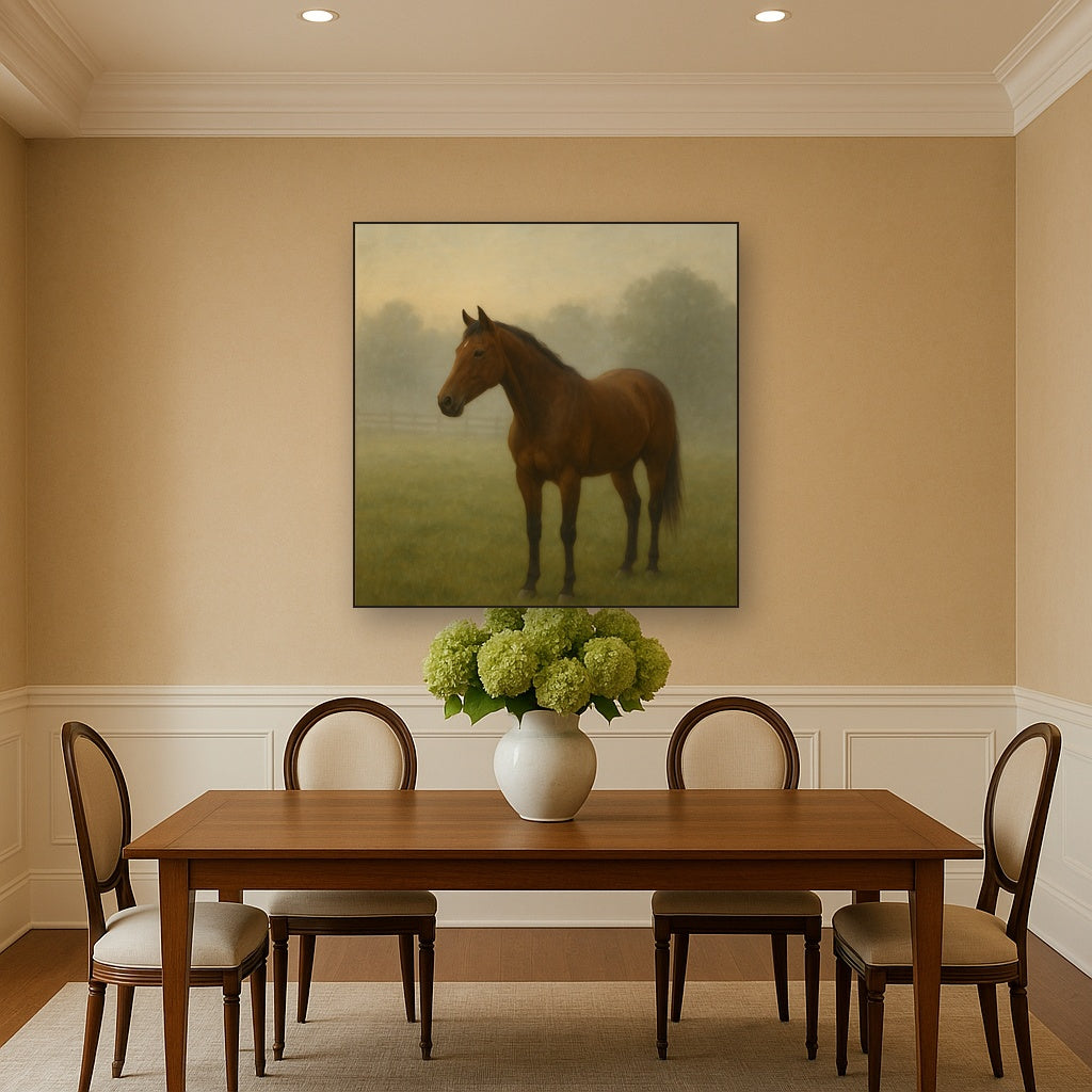 Thoroughbred in Morning Pasture Mist No. 9 Oil Painting - View 4