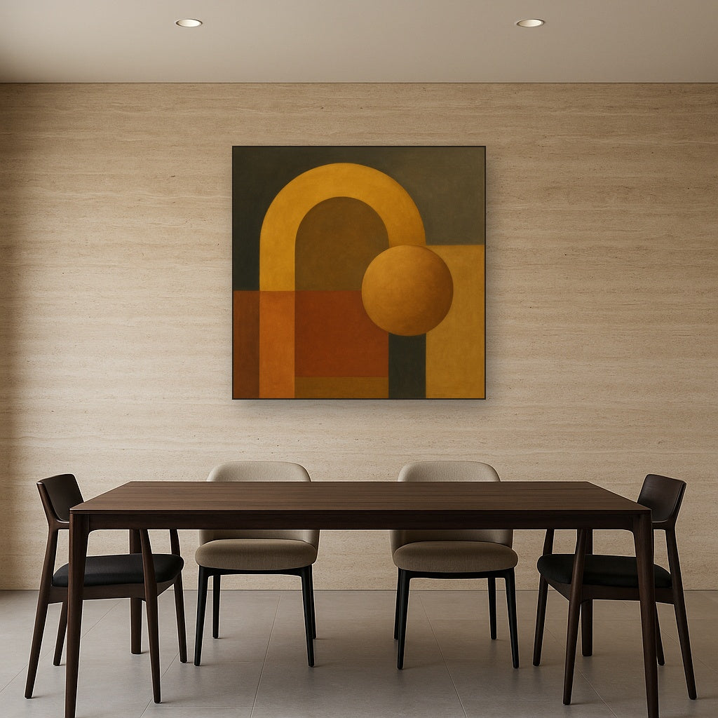 Arch & Circle Equilibrium in Warm Earth Tones No. 16 Oil Painting Staged Above Dining Room Credenza, Elegant Hand Painted Oil Art for Dining Room Walls