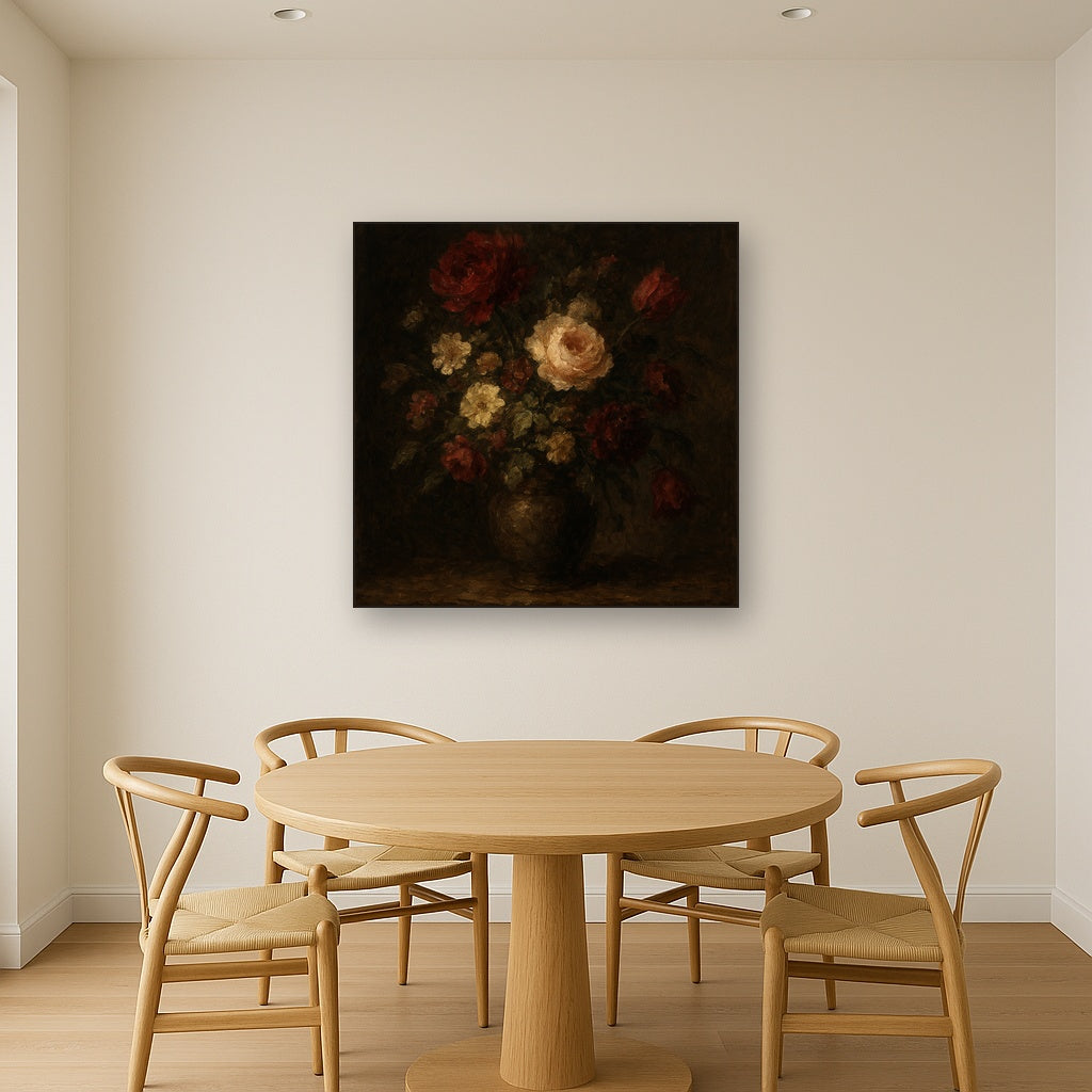 Dutch Golden Age Moody Floral Still Life No. 5 Oil Painting - Styled in Elegant Dining Room