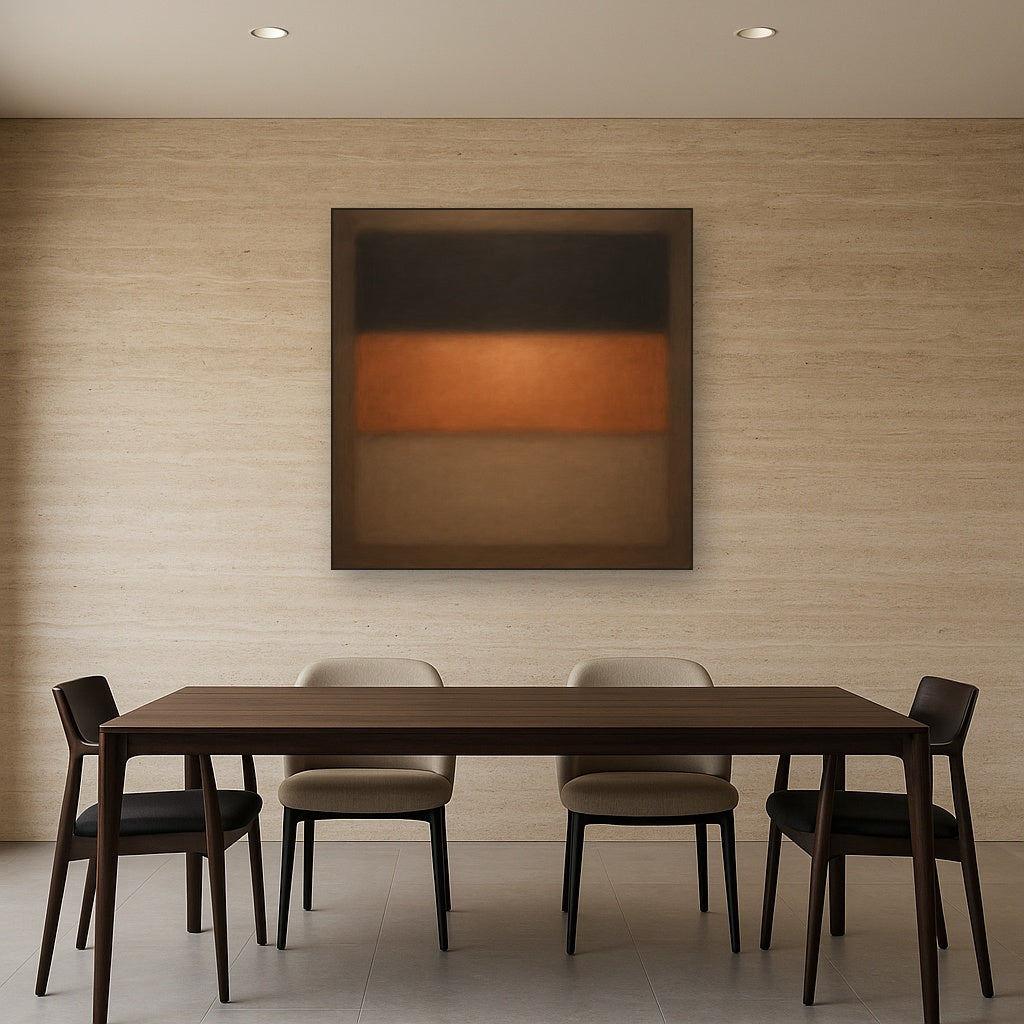 Charcoal Slate & Burnished Copper Horizon No. 13 Oil Painting Staged Above Dining Room Credenza, Elegant Hand Painted Oil Art for Dining Room Walls