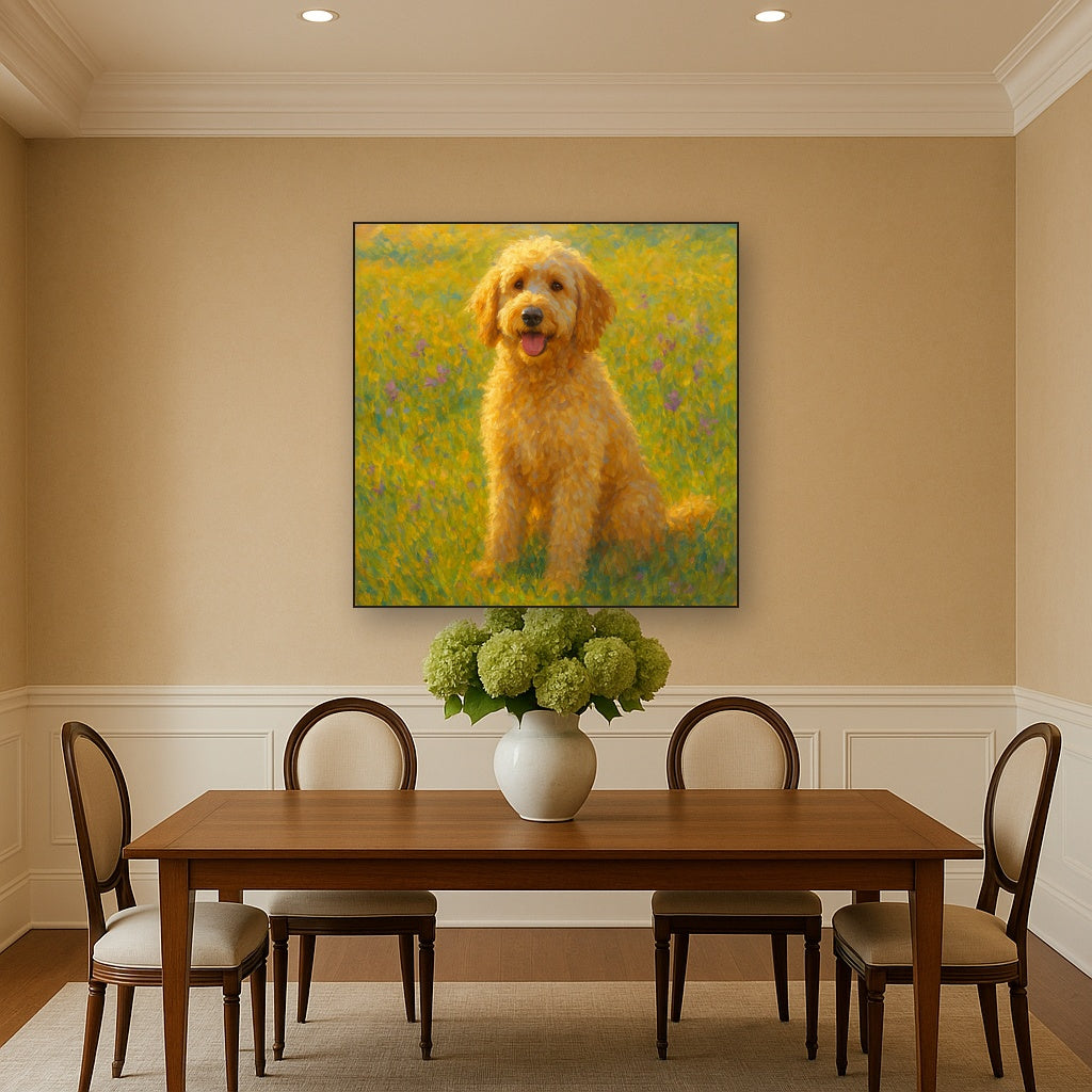 Fluffy Goldendoodle in Sun-Drenched Meadow Fine Art Oil Painting - View 4