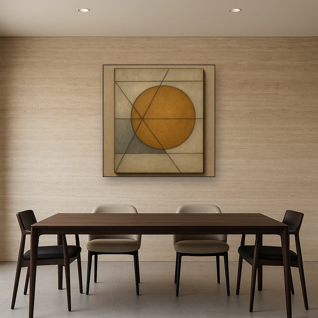 Abstract Tangent Lines & Earthy Ochre Disc No. 20 Oil Painting - View 4
