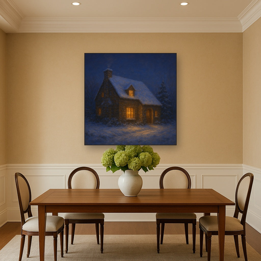 Snow-Dusted Stone Cottage at Twilight Oil Painting - View 4