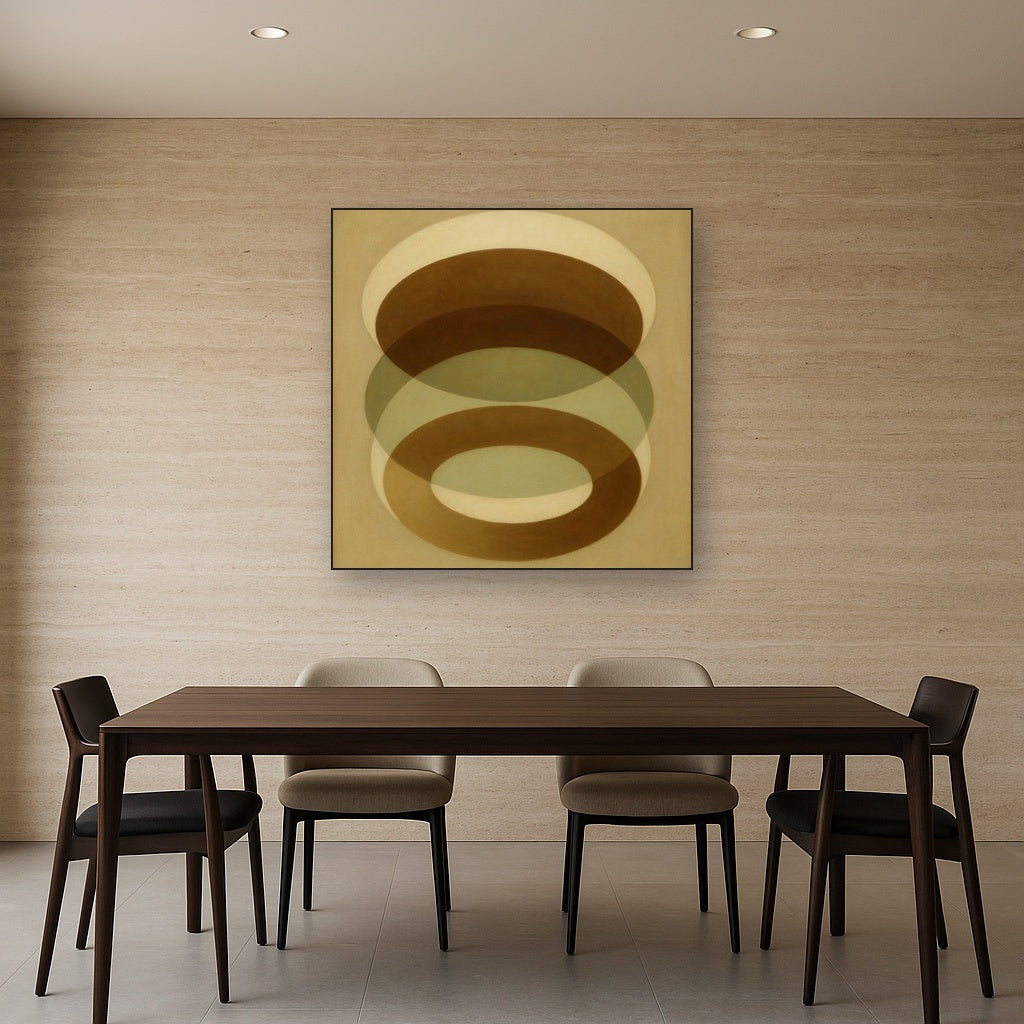 Floating Ellipse Harmony in Walnut & Pale Sage No. 13 Oil Painting Staged Above Dining Room Credenza, Elegant Hand Painted Oil Art for Dining Room Walls