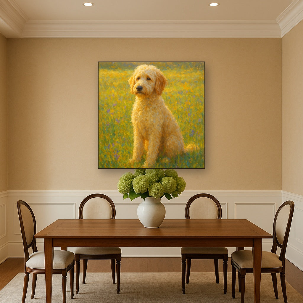 Fluffy Goldendoodle in Sun-Drenched Meadow No. 16 Fine Art Oil Painting - View 4
