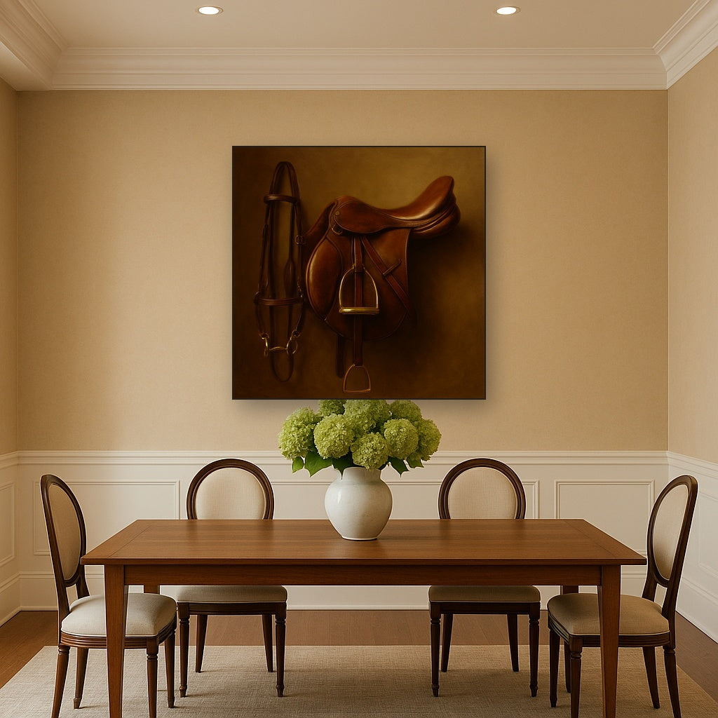 Vintage Bridle & Polished Leather Saddle No. 8 Oil Painting Staged Above Dining Room Credenza, Elegant Hand Painted Oil Art for Dining Room Walls