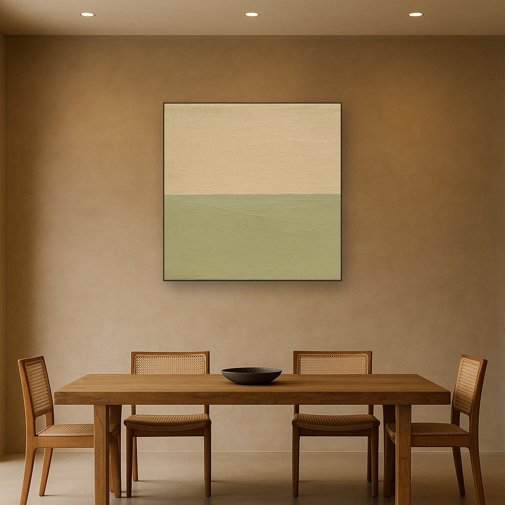 Muted Horizon Calm Japandi Oil Painting - Styled in Elegant Dining Room