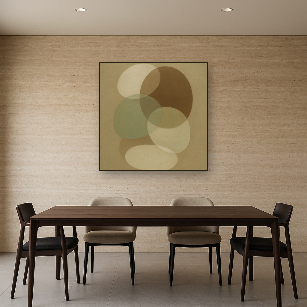 Floating Ellipse Harmony in Walnut & Pale Sage No. 24 Oil Painting Staged Above Dining Room Credenza, Elegant Hand Painted Oil Art for Dining Room Walls