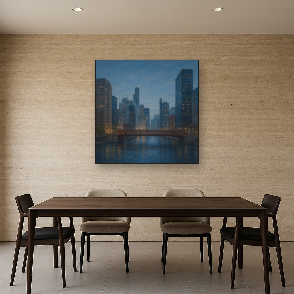 Chicago Riverfront Architecture at Blue Hour No. 5 Oil Painting - View 4