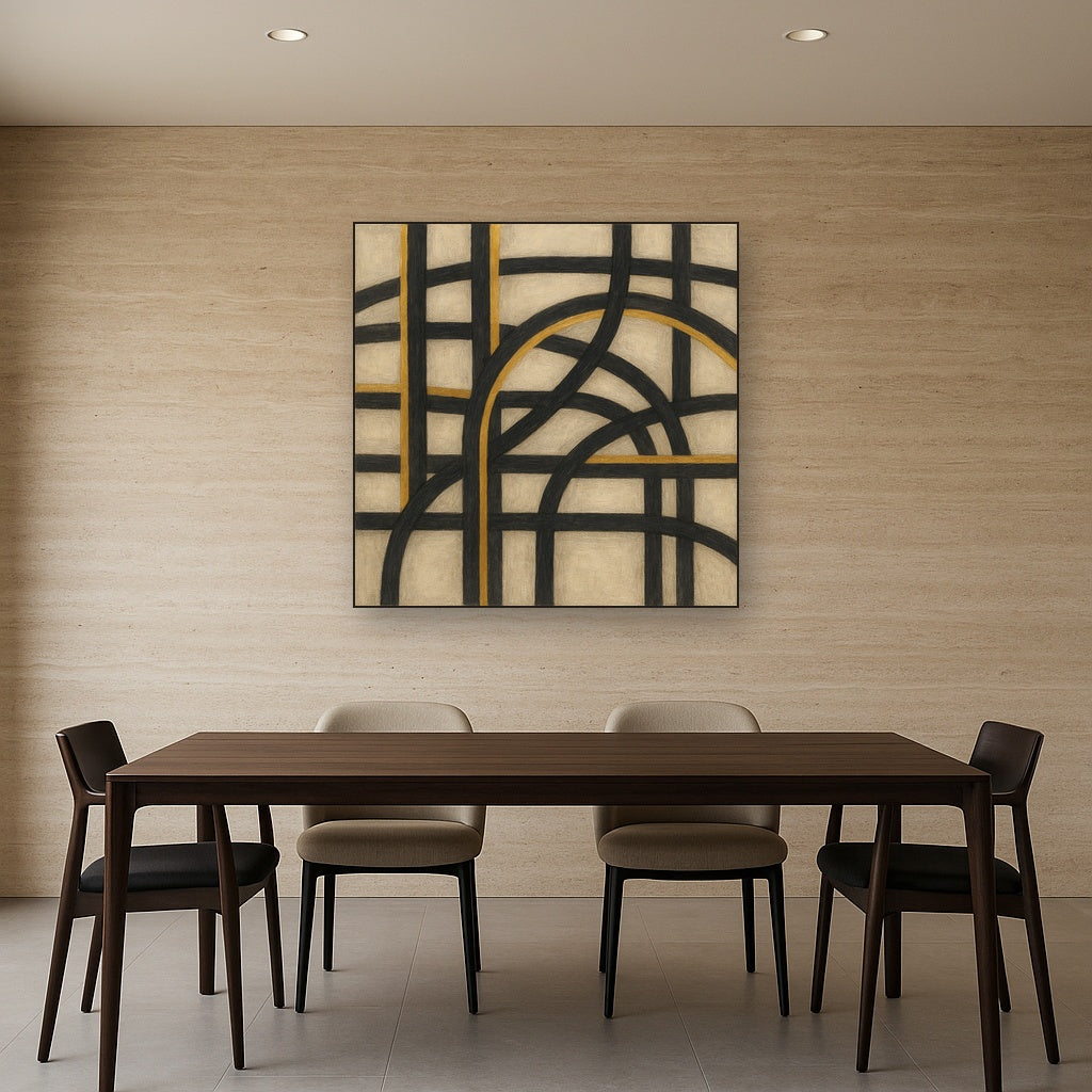 Abstract Woven Line Matrix in Charcoal & Gold No. 14 Fine Art Oil Painting - View 4