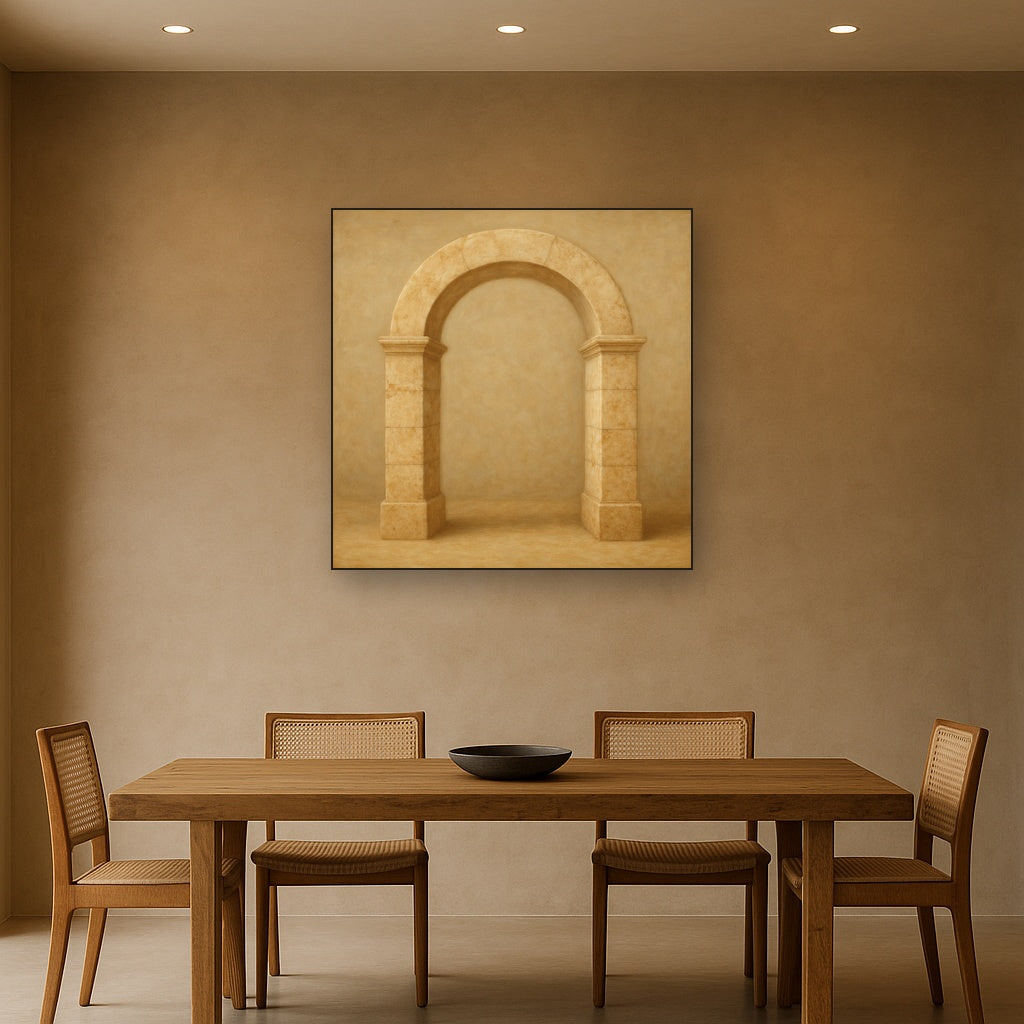Travertine Stone Arch & Earth Tones No. 16 Oil Painting Staged Above Dining Room Credenza, Elegant Hand Painted Oil Art for Dining Room Walls