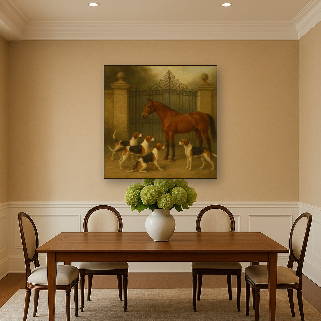 Hunting Hounds & Thoroughbred by Estate Gate No. 19 Oil Painting Staged Above Dining Room Credenza, Elegant Hand Painted Oil Art for Dining Room Walls