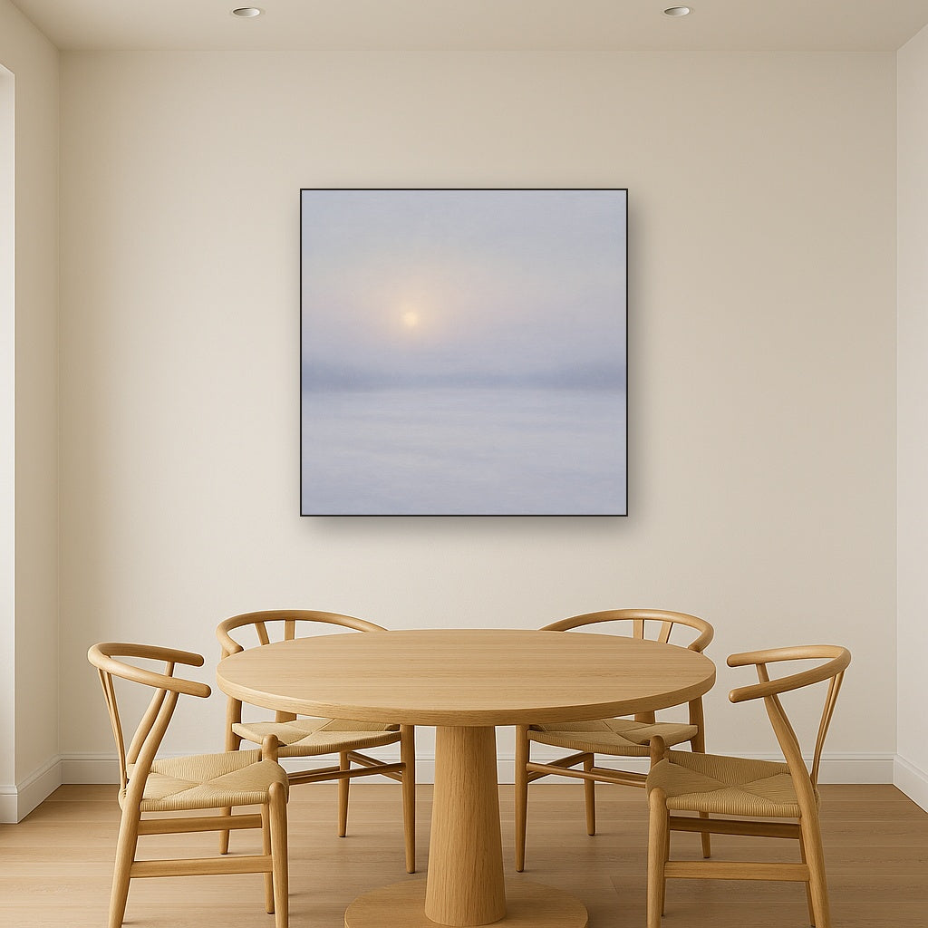 Winter Dawn Frost & Pale Silver Light No. 7 Oil Painting Staged Above Dining Room Credenza, Elegant Hand Painted Oil Art for Dining Room Walls