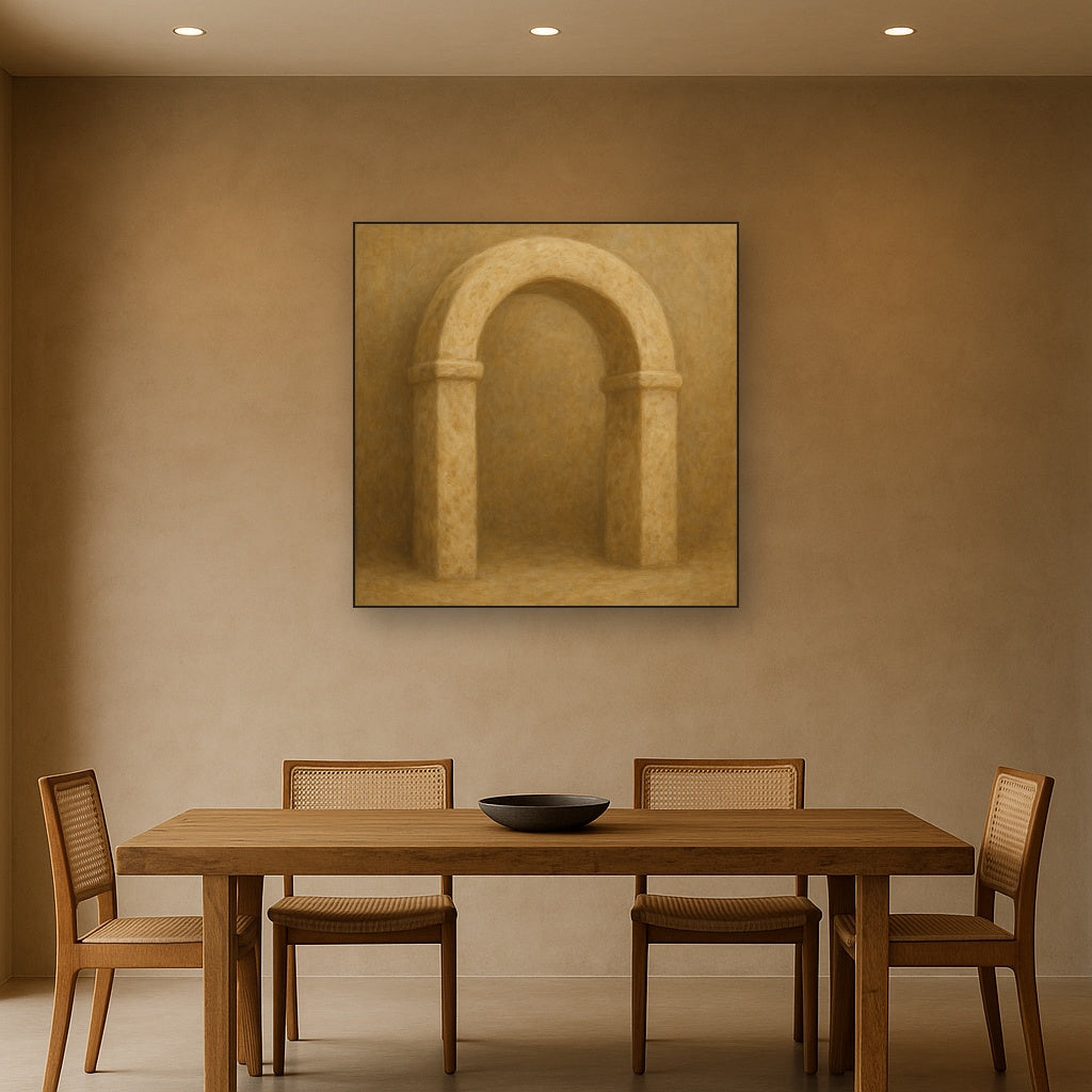 Travertine Stone Arch & Earth Tones No. 11 Oil Painting Staged Above Dining Room Credenza, Elegant Hand Painted Oil Art for Dining Room Walls