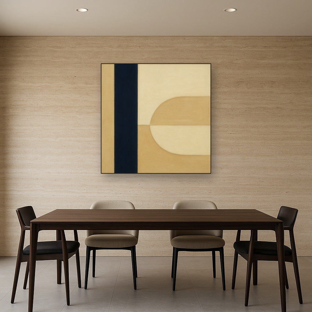 Navy & Warm Beige Geometric Line Balance No. 12 Fine Art Oil Painting - View 4