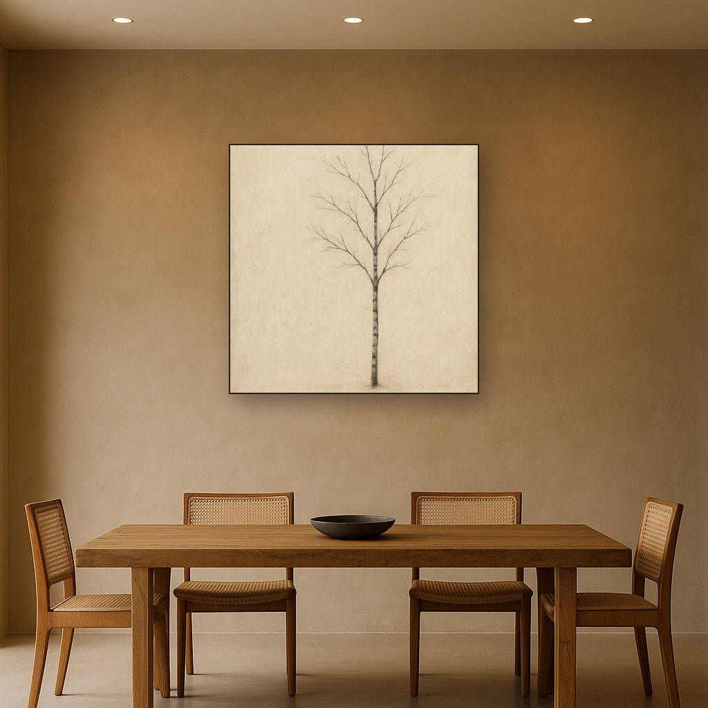 Nordic Birch Silhouette Minimalist Oil Painting - Styled in Elegant Dining Room