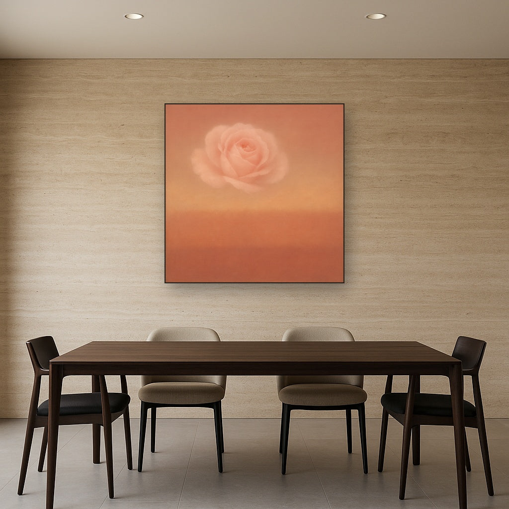 Blush Rose & Dusky Terracotta Ambient Glow No. 13 Oil Painting Staged Above Dining Room Credenza, Elegant Hand Painted Oil Art for Dining Room Walls