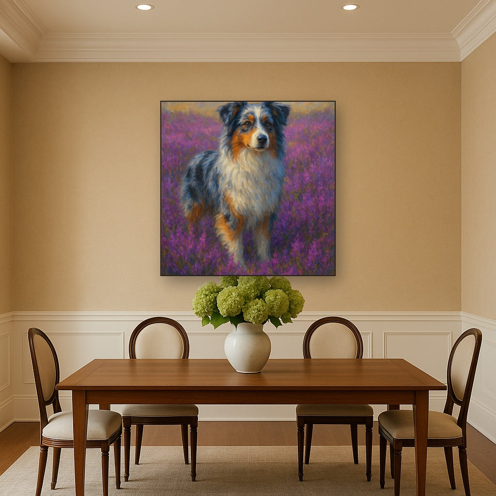 Australian Shepherd in Blooming Heather Field No. 10 Fine Art Oil Painting - View 4