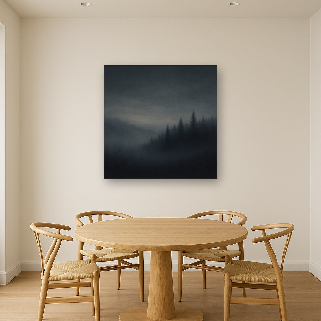 Dusk over Silent Pine Ridgeline in Charcoal Fog No. 5 Oil Painting Staged Above Dining Room Credenza, Elegant Hand Painted Oil Art for Dining Room Walls