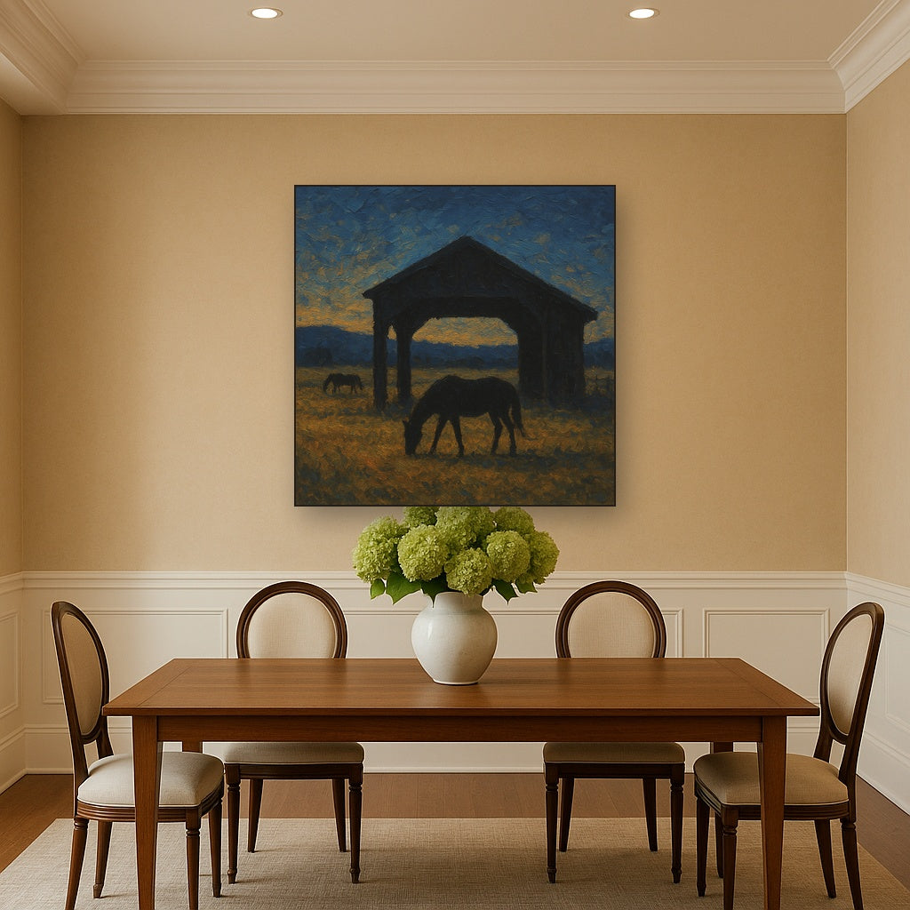Rustic Equestrian Stable Silhouette No. 5 Oil Painting - Styled in Elegant Dining Room