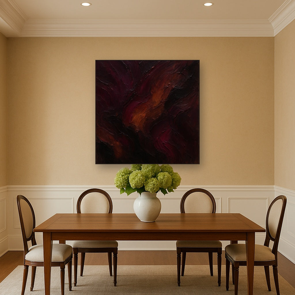 Rich Burgundy Plum & Velvet Amber No. 3 Oil Painting Staged Above Dining Room Credenza, Elegant Hand Painted Oil Art for Dining Room Walls
