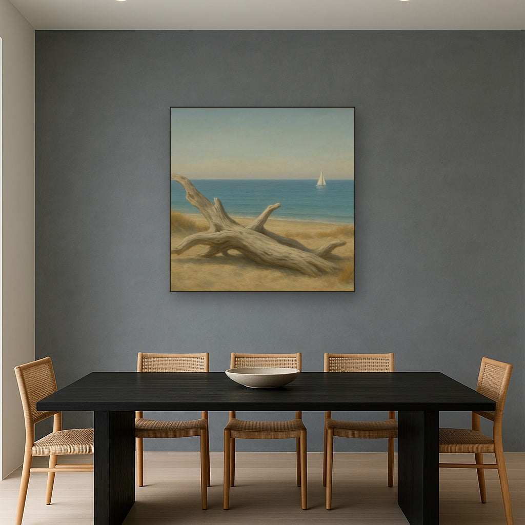 Sun-Bleached Driftwood & Distant Sailboat No. 11 Oil Painting - View 4
