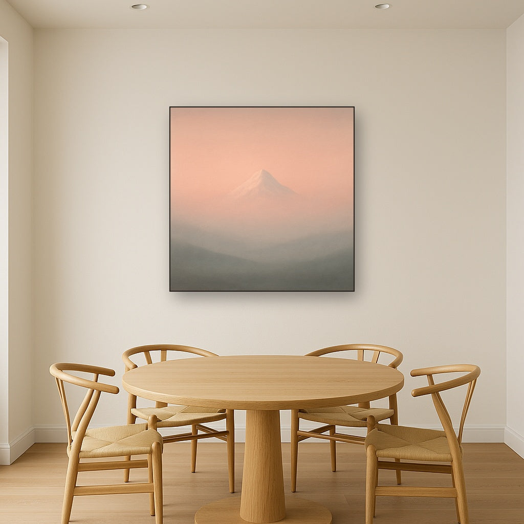 Pale Alpenglow over Distant Glacial Peak No. 11 Oil Painting Staged Above Dining Room Credenza, Elegant Hand Painted Oil Art for Dining Room Walls