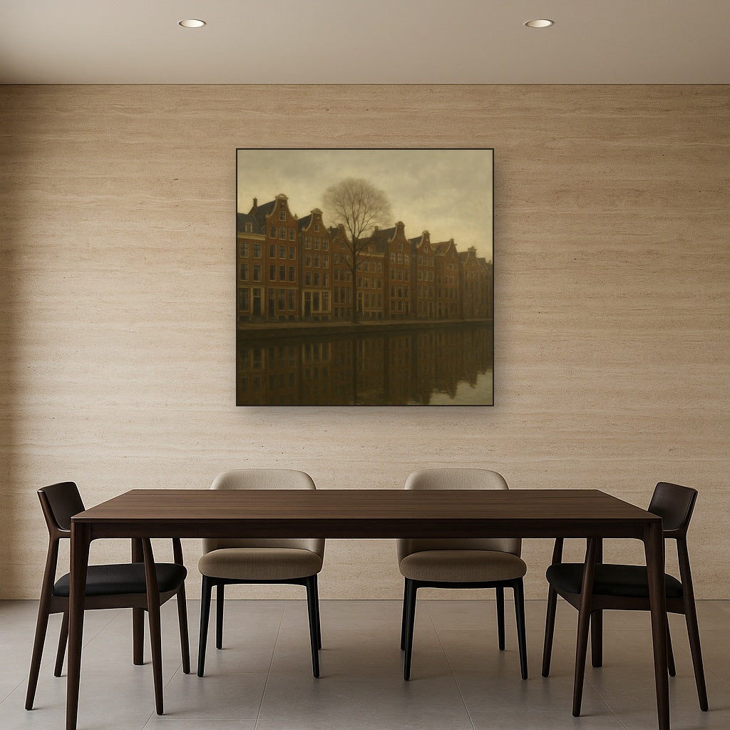 Amsterdam Canal Houses Under Overcast Sky No. 22 Oil Painting Staged Above Dining Room Credenza, Elegant Hand Painted Oil Art for Dining Room Walls