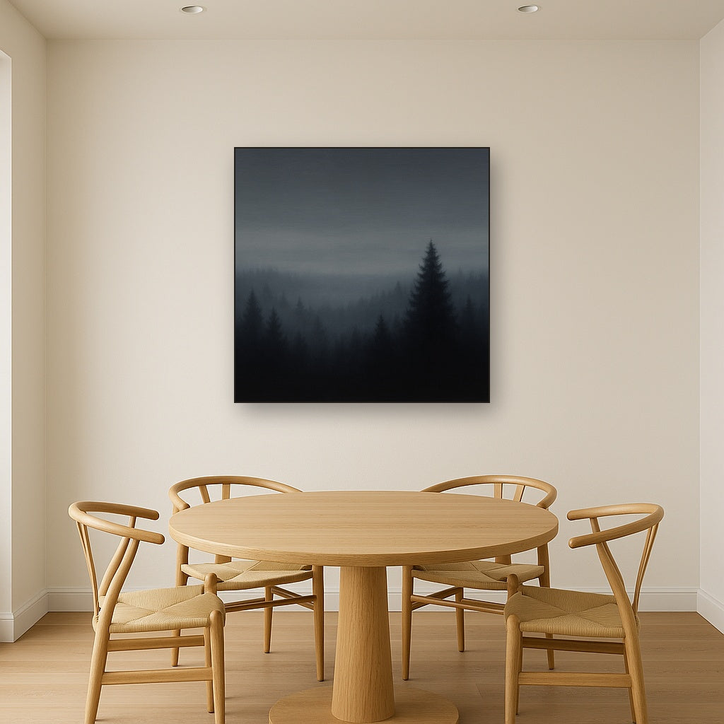 Dusk over Silent Pine Ridgeline in Charcoal Fog No. 3 Oil Painting Staged Above Dining Room Credenza, Elegant Hand Painted Oil Art for Dining Room Walls