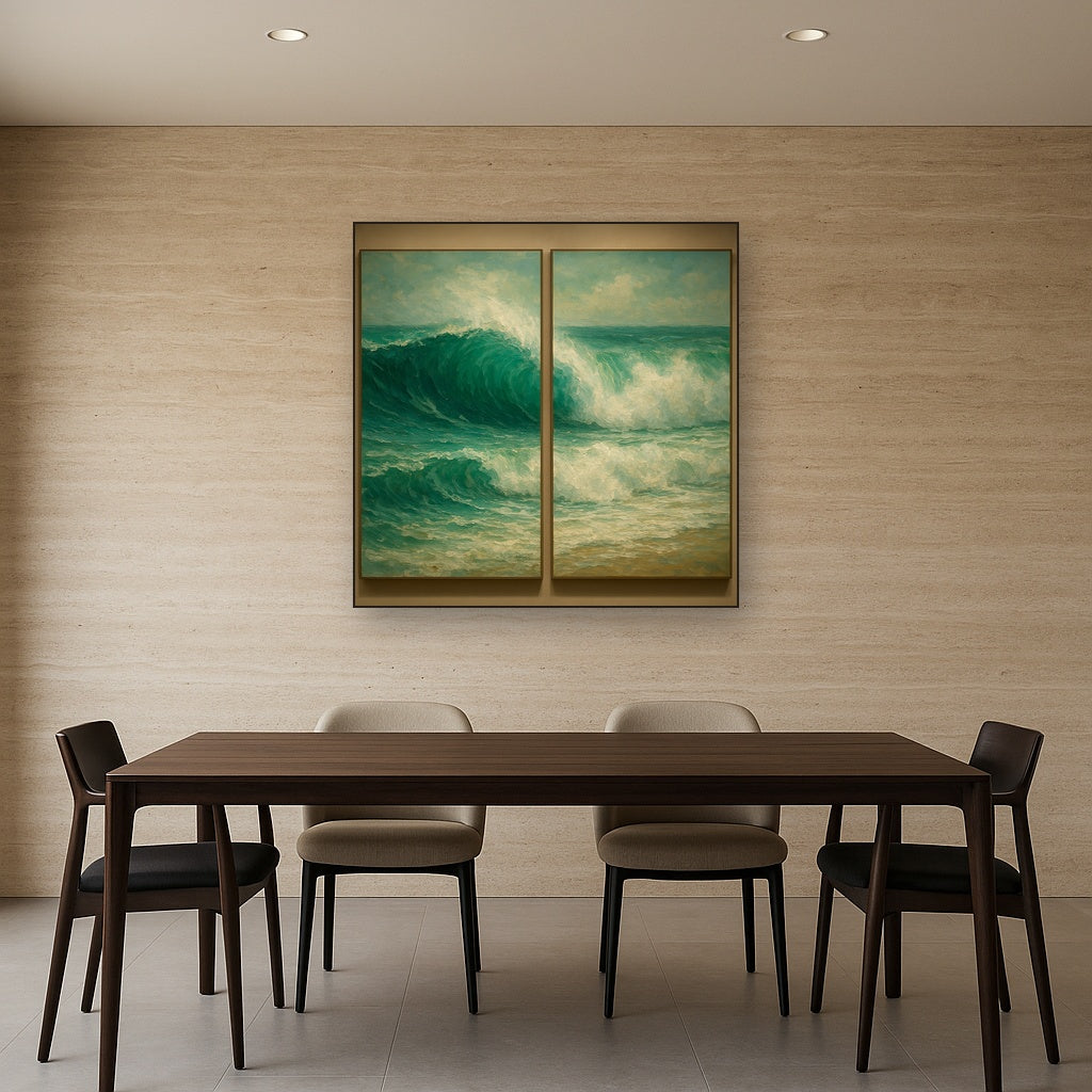 Emerald Swell Split-Panel Seascape No. 2 Oil Painting - Styled in Elegant Dining Room